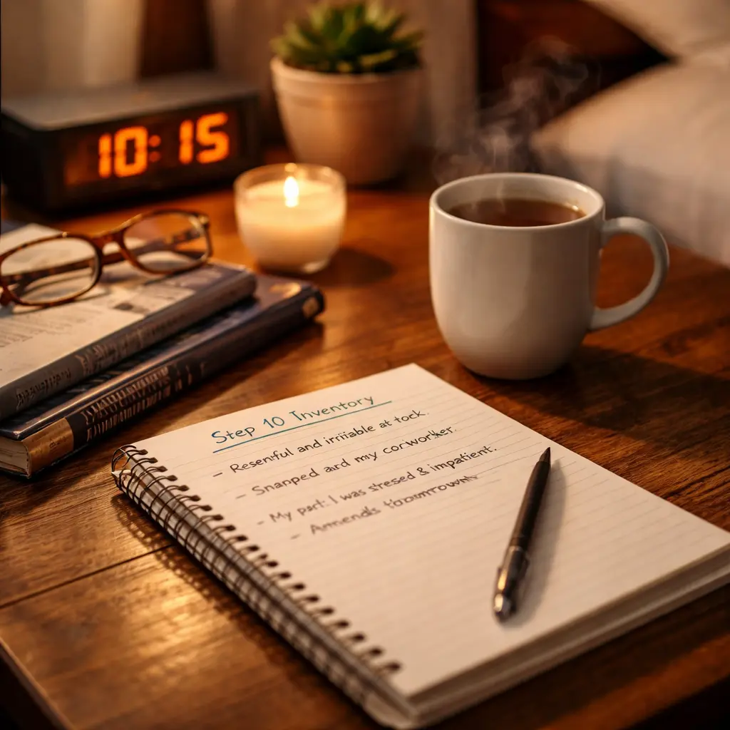 Nightly AA Step 10 inventory written in a notebook during an evening recovery reflection routine in Austin, Texas