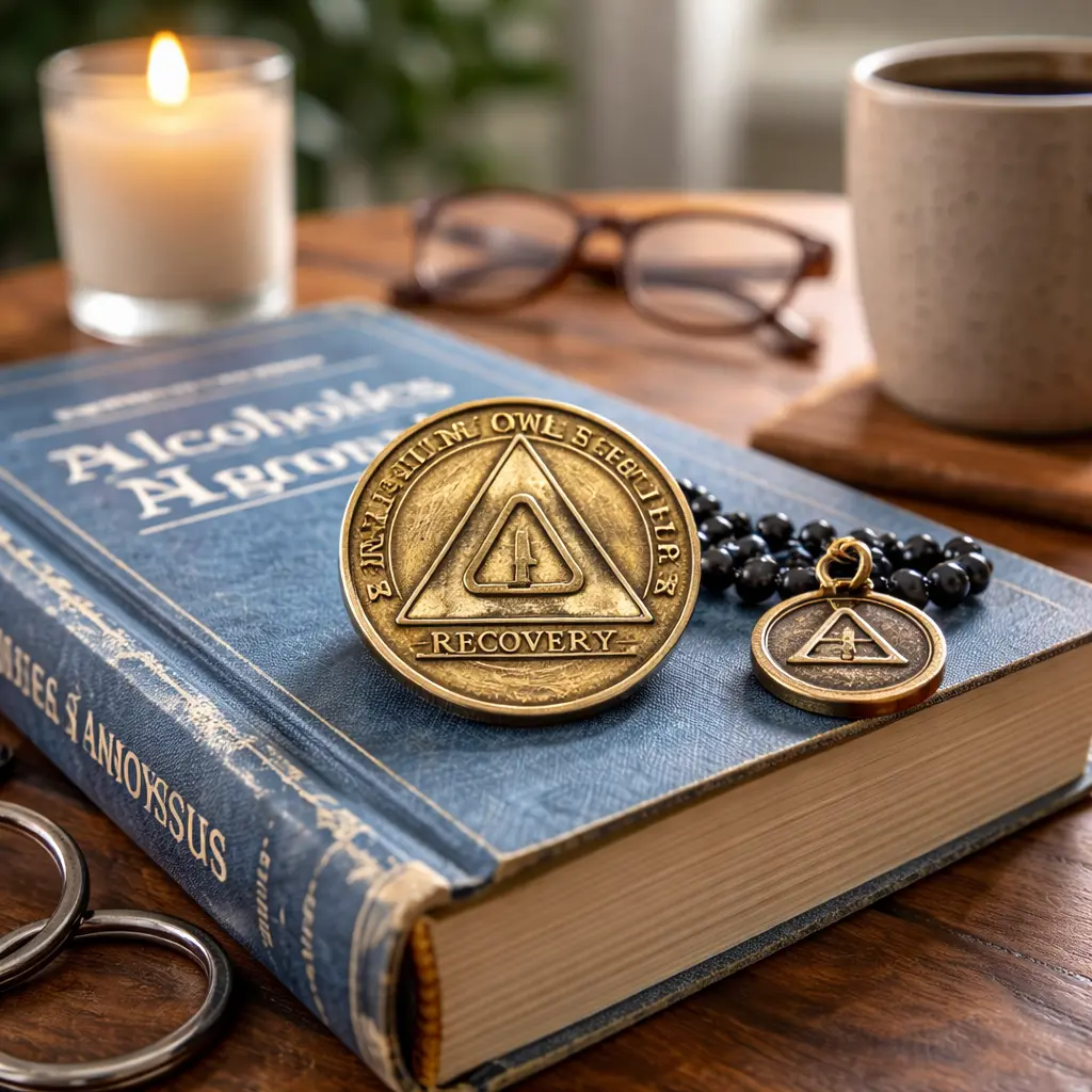 Alcoholics Anonymous symbols including a sobriety medallion and Big Book representing the 9th Step promises in recovery.