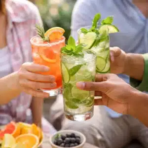 Friends clinking glasses of alcohol free mocktail drinks outdoors, celebrating with colorful non alcoholic cocktails.