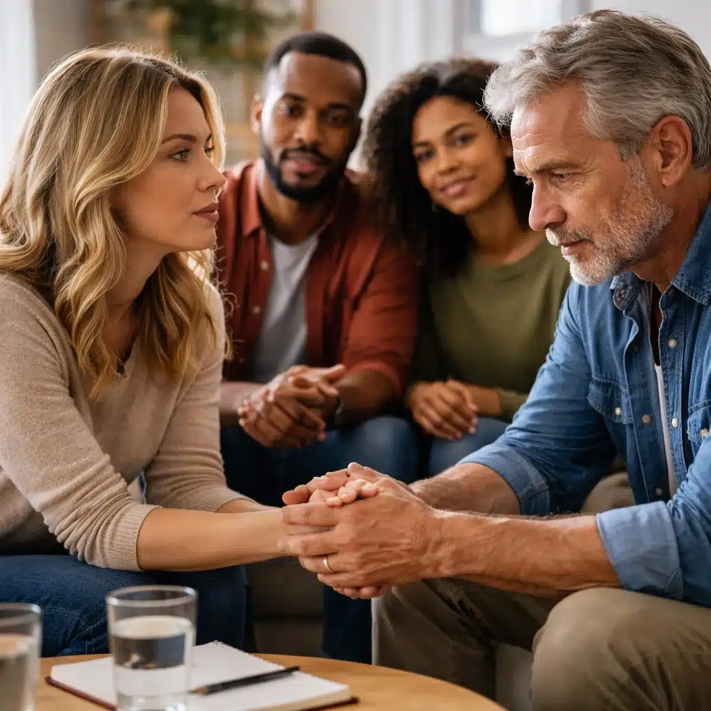 Family members offering emotional support while talking to a loved one about alcohol addiction in a calm home setting.
