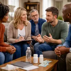 Group discussion focused on treatment planning for alcohol craving medication and recovery support