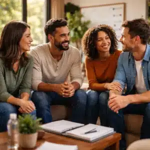 Small group meeting in a sober living home following inpatient substance abuse treatment