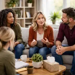 Group of adults in a sober living home discussing boundaries related to the alcoholics anonymous 13th step.
