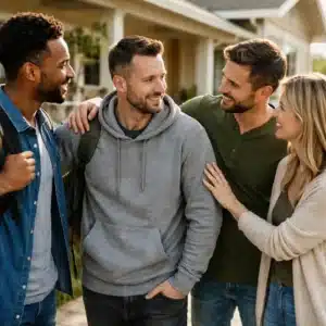 Individual receiving peer support outside a recovery home during the stages of withdrawal and early recovery.