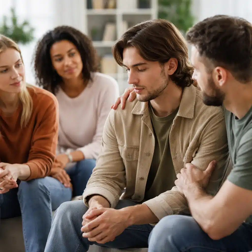 Supportive sober living group sitting together in a bright home setting while discussing signs someone is high and early sobriety concerns.