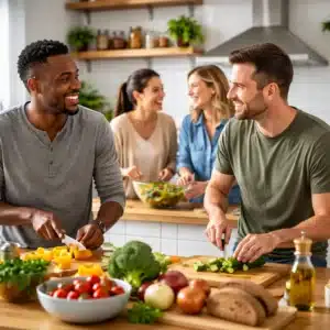 Four adults preparing a healthy meal together in a sober living home while focusing on alcohol recovery and rebuilding healthy routines.