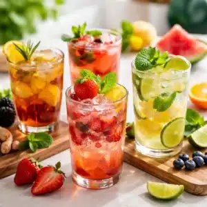 Four vibrant fruity mocktails with fresh berries, citrus, mint, and sparkling water served as colorful alcohol-free alternatives to alcohol.