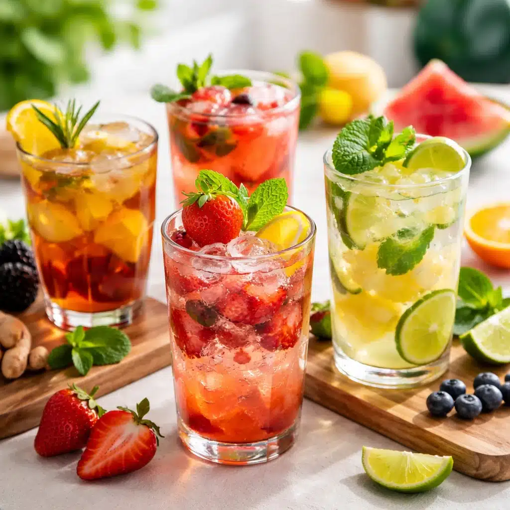 Four vibrant fruity mocktails with fresh berries, citrus, mint, and sparkling water served as colorful alcohol-free alternatives to alcohol.