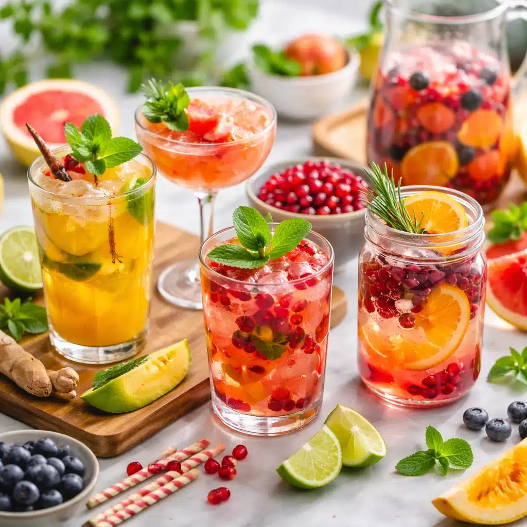 Assorted fruity virgin drinks with mango, pomegranate, citrus, and herbs displayed as vibrant non-alcoholic alternatives to alcohol.