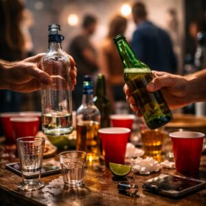 Close-up of two people holding beer and vodka bottles at a party, symbolizing rapid drinking that can lead to an alcohol blackout.