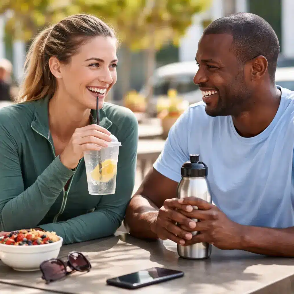 Two adults enjoying a relaxed outdoor café conversation while choosing non-alcoholic drinks as part of a sober life.