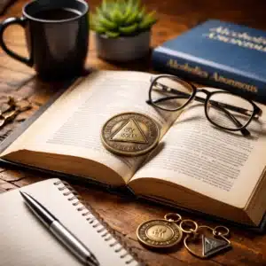 Open AA Big Book on page 63 with sobriety medallion and notebook representing Step 3 Big Book reflection and recovery study