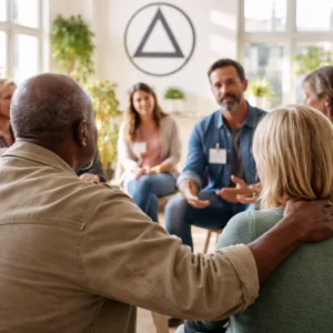 Diverse group of adults sitting in a circle during an Alcoholics Anonymous meeting in a supportive sober living environment