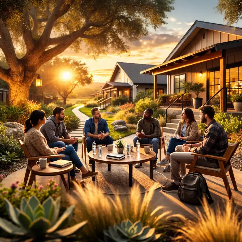 Small AA-style support group meeting outdoors at sunset in a sober living environment focused on humility in recovery.