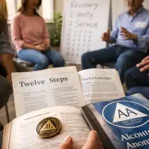 Peer support meeting in a bright room, with recovery literature and a sobriety coin in the foreground.