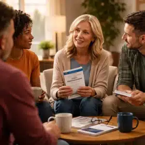 Small Alcoholics Anonymous group reviewing the AA sponsorship pamphlet and discussing sponsorship guidelines in a supportive meeting environment.