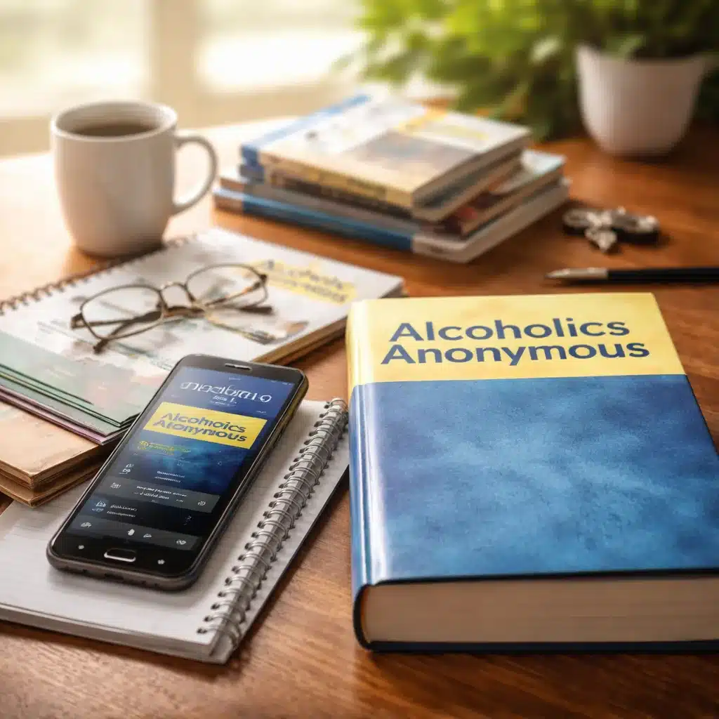 Alcoholics Anonymous Big Book with blue cover on a wooden desk beside an AA handbook, smartphone displaying a big book app, notebook, glasses, and coffee mug in a sober living environment.
