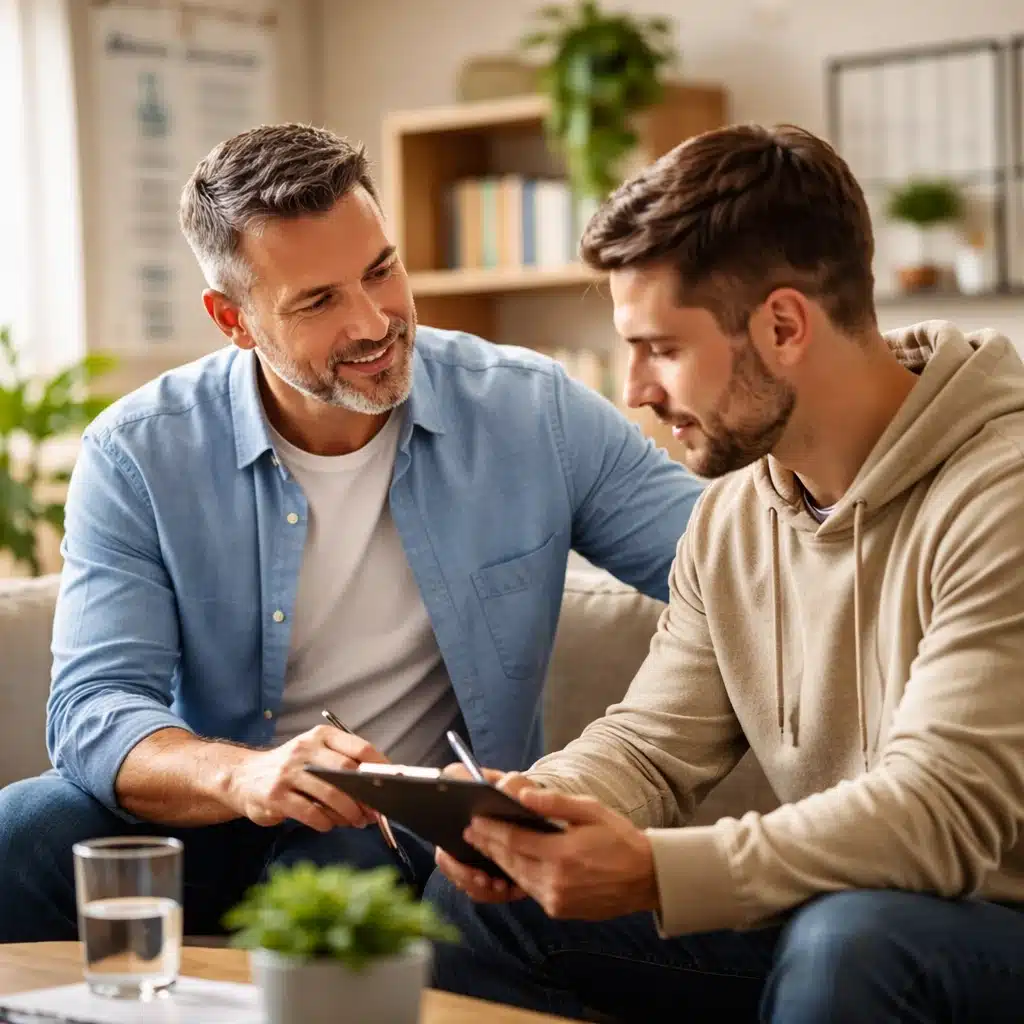 Two men reviewing a relapse prevention plan together in a supportive sober living environment.