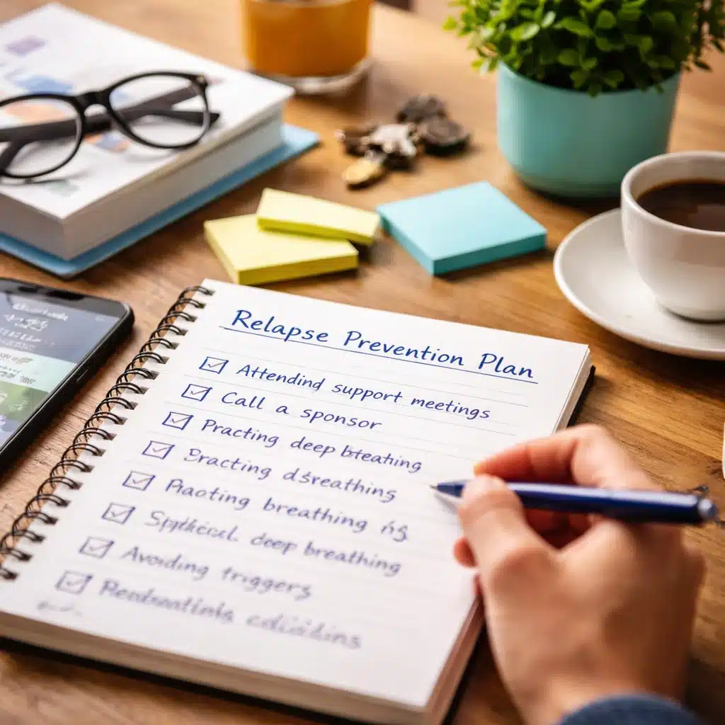 Person writing a relapse prevention plan in a notebook with checklist items and recovery tools on a wooden desk.