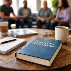 Narcotics Anonymous Basic Text book on a wooden table during a 12-step meeting with group members blurred in the background