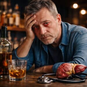 Middle-aged man with bloodshot red eyes sitting at a bar with a glass of whiskey, representing red eyes alcoholic liver disease and liver damage from alcohol.