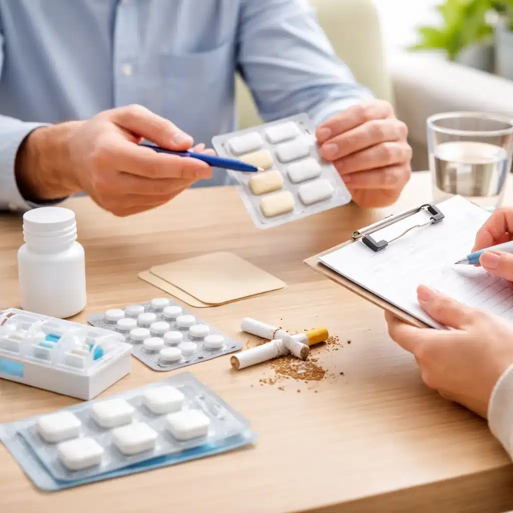 Healthcare consultation discussing quit smoking pill options with nicotine gum, patches, and smoking cessation medication on the table.