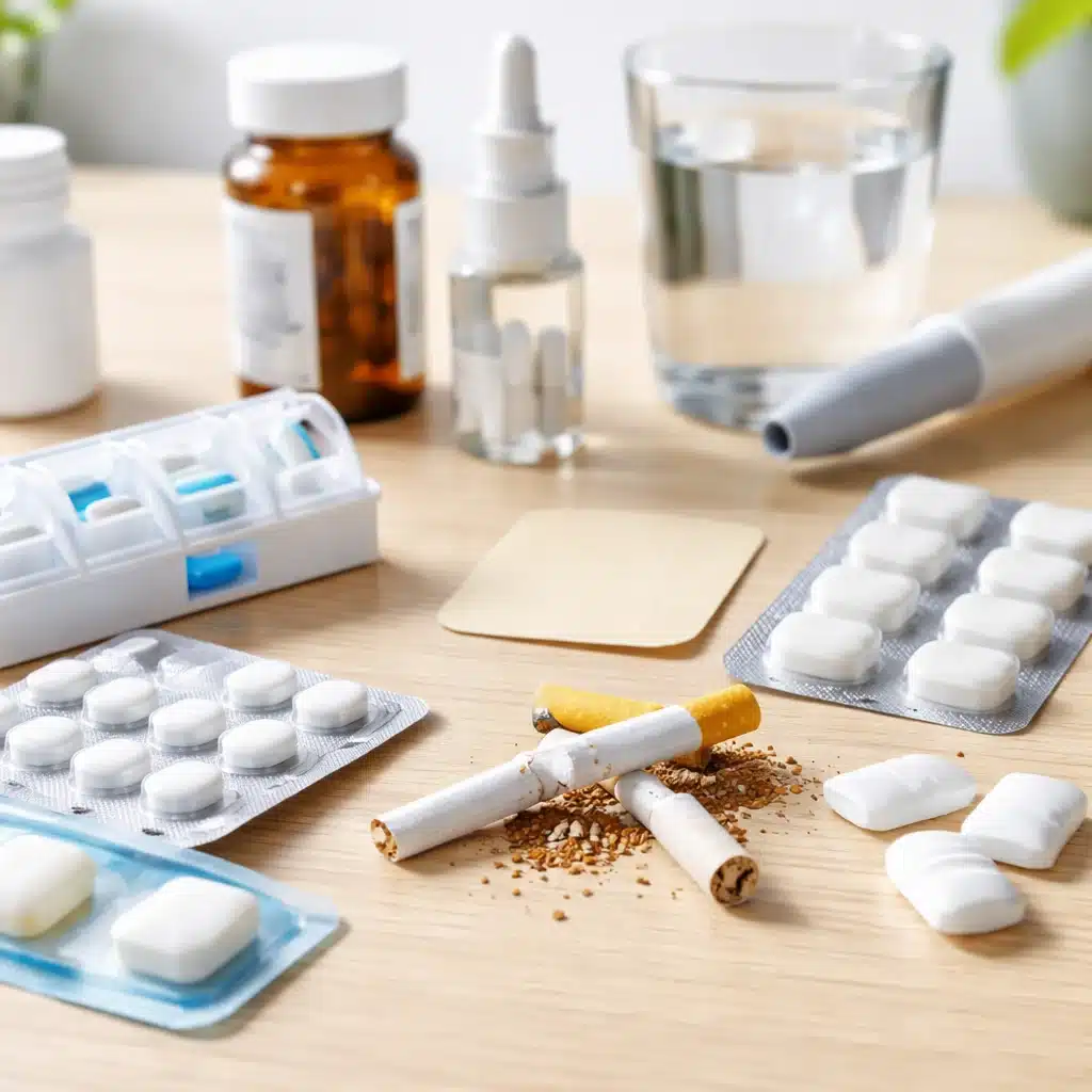 Nicotine patch, gum, lozenges, prescription pills, and broken cigarettes displayed on a wooden table representing medication to help stop smoking.
