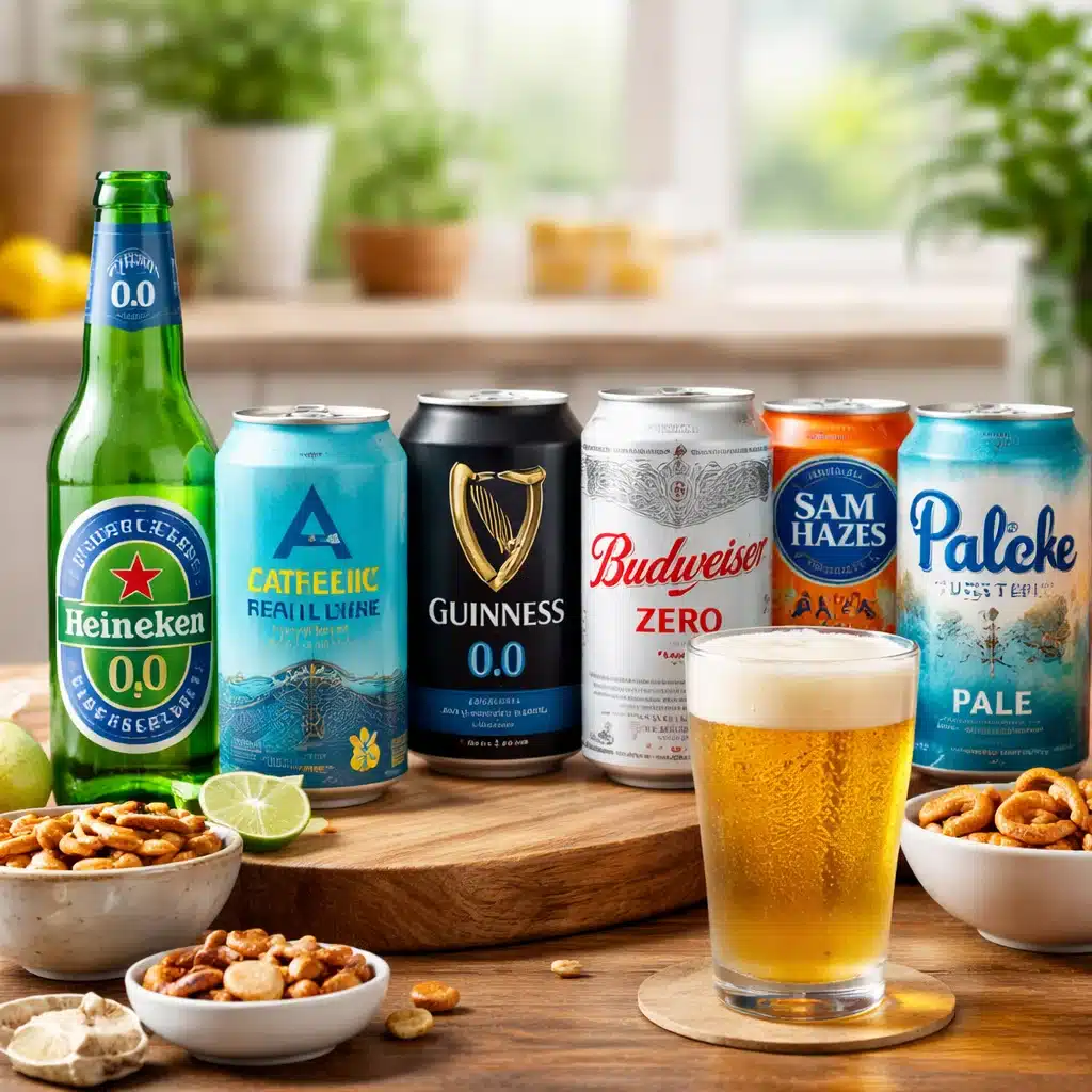 A selection of non alcoholic beers and alcohol free beer options displayed on a wooden table, including zero alcohol beer cans and a poured NA beer in a glass.