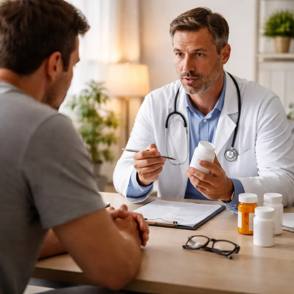 Doctor explaining diazepam withdrawal treatment options during a medical consultation for benzo withdrawal