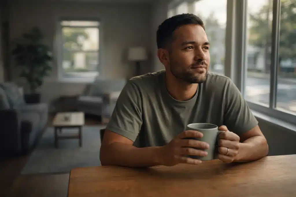 Man in early recovery sitting at a table during 90 days sober, reflecting on progress in alcohol recovery