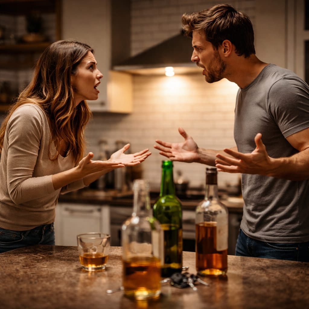 Couple arguing at home with alcohol present, showing relationship strain from alcohol use disorder