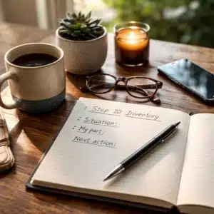 Step 10 inventory journaling setup showing a personal inventory exercise used in AA recovery