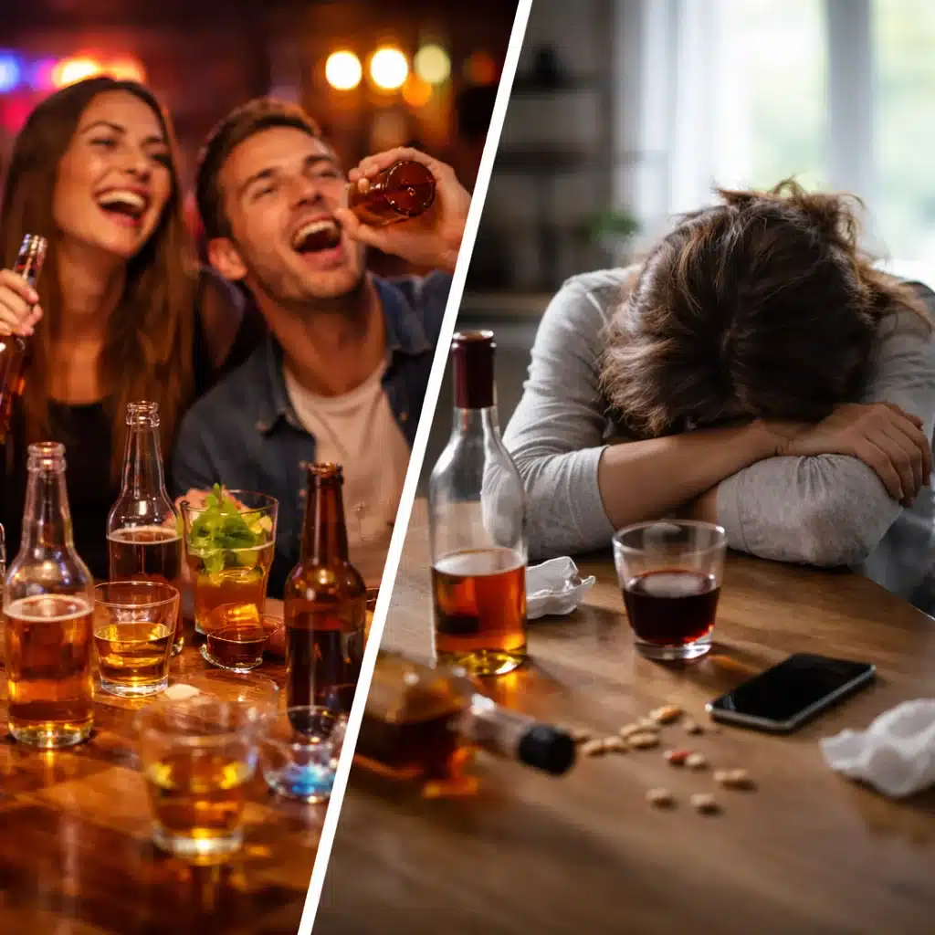 Social binge drinking scene contrasted with an isolated woman experiencing signs of alcohol abuse at home