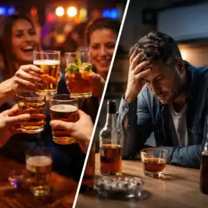 Group of adults drinking at a bar contrasted with a man sitting alone at home showing problem drinking and alcohol dependence signs