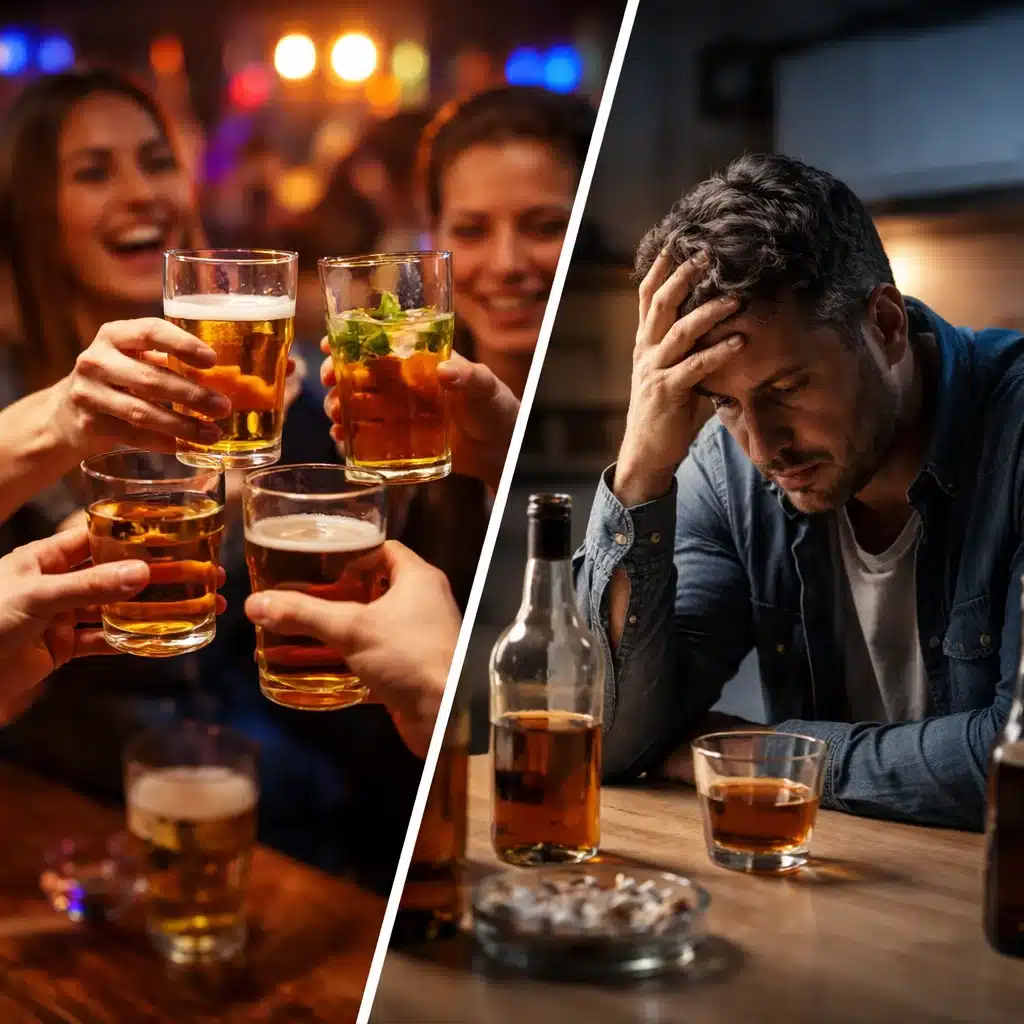 Group of adults drinking at a bar contrasted with a man sitting alone at home showing problem drinking and alcohol dependence signs