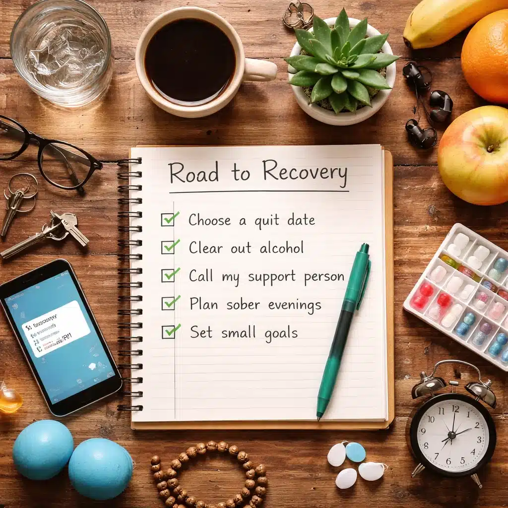 Flat lay of a sober living recovery checklist with everyday wellness items representing going sober and early addiction recovery.