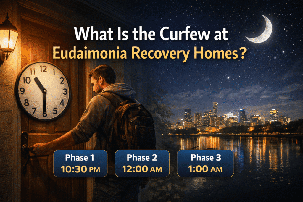 Moonlit banner with a resident entering a door, a large wall clock, city skyline, and phase curfew times (10:30 PM, 12:00 AM, 1:00 AM).