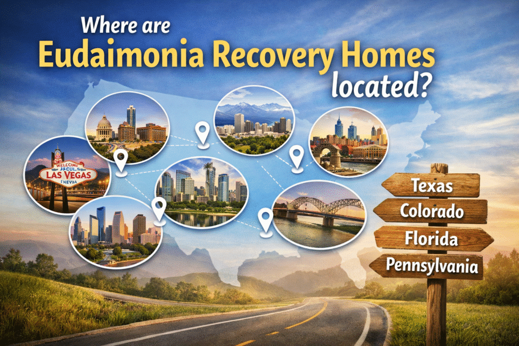 Map-style graphic showing Eudaimonia Recovery Homes locations with city skylines including Austin, Las Vegas, Houston, Colorado Springs, and Philadelphia, with directional sign listing Texas, Colorado, Florida, and Pennsylvania.
