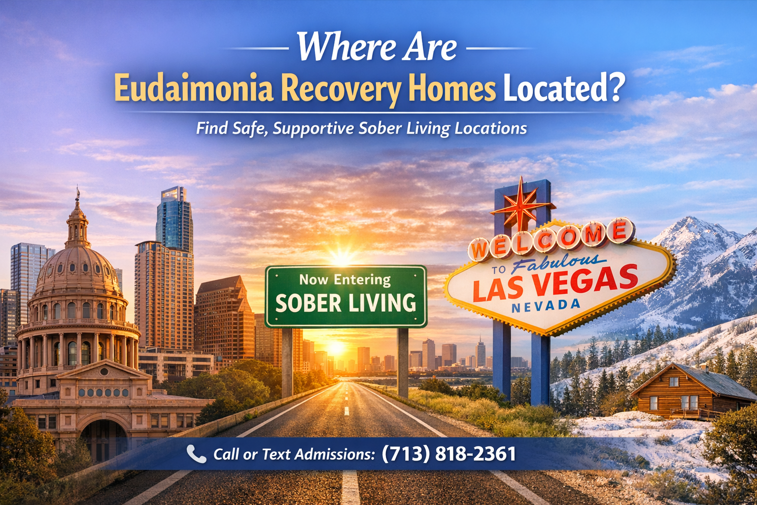 Hero image showing Austin skyline, Las Vegas sign, mountain cabin scene, and a road sign reading “Now Entering Sober Living” representing Eudaimonia Recovery Homes locations across the U.S.