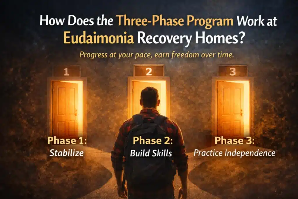 Person facing three lit doors labeled 1–3, representing Phase 1 Stabilize, Phase 2 Build Skills, and Phase 3 Practice Independence.