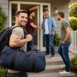 Man arriving at a Houston sober living home after rehab and being welcomed by other residents