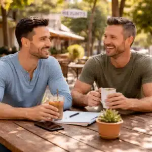 Two men in recovery talking at an outdoor café in Houston Heights near a sober living neighborhood