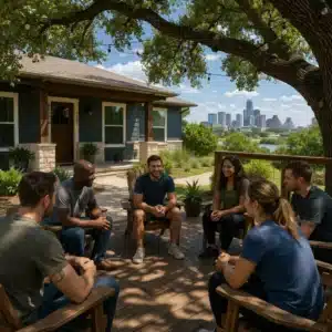 Group discussion in Austin sober living program with structured support and peer accountability in Austin TX