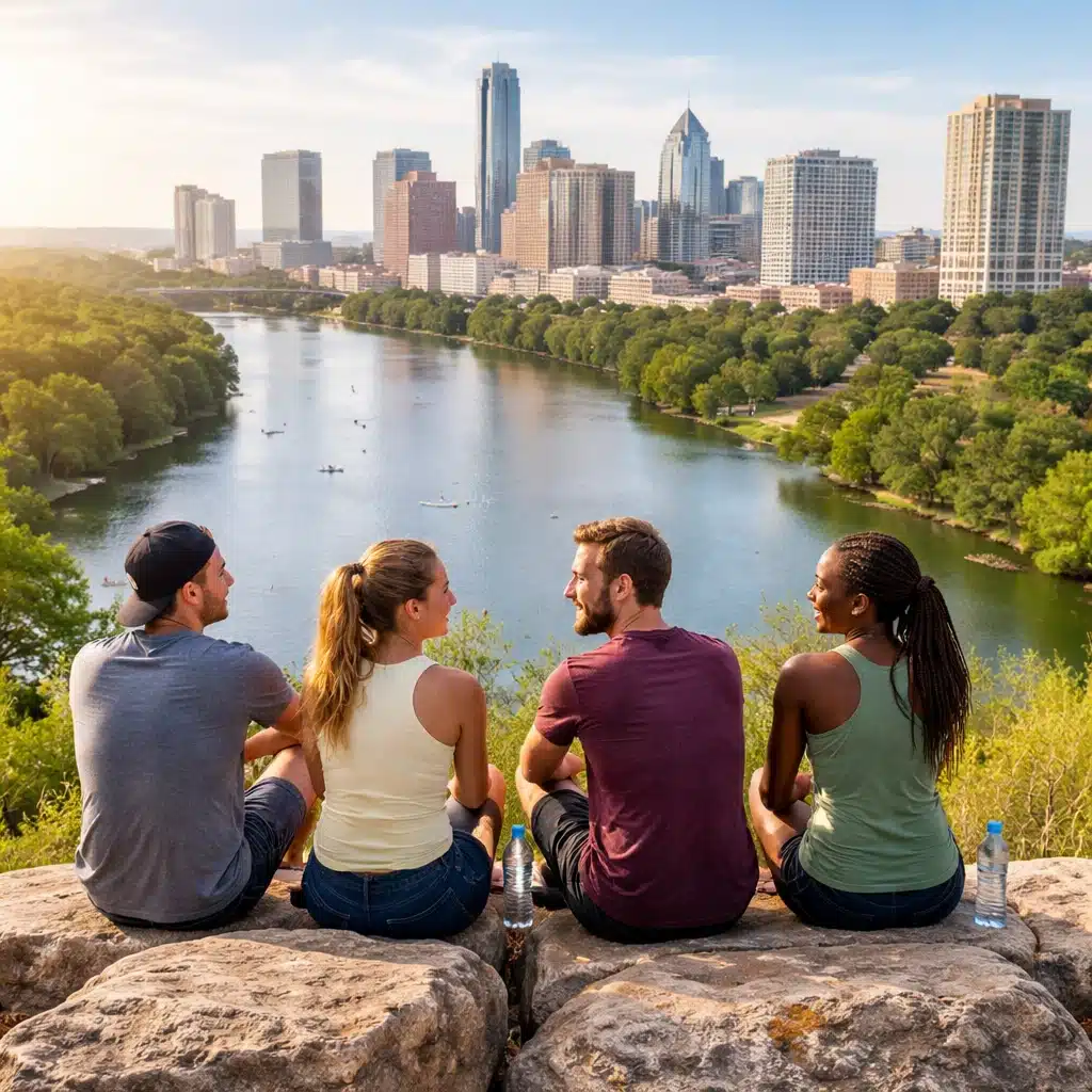 Group of young adults enjoying sober living in Austin TX while overlooking the downtown skyline and river at sunset