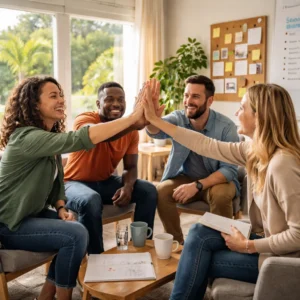 Residents participating in a group support session at a sober living home in Austin TX