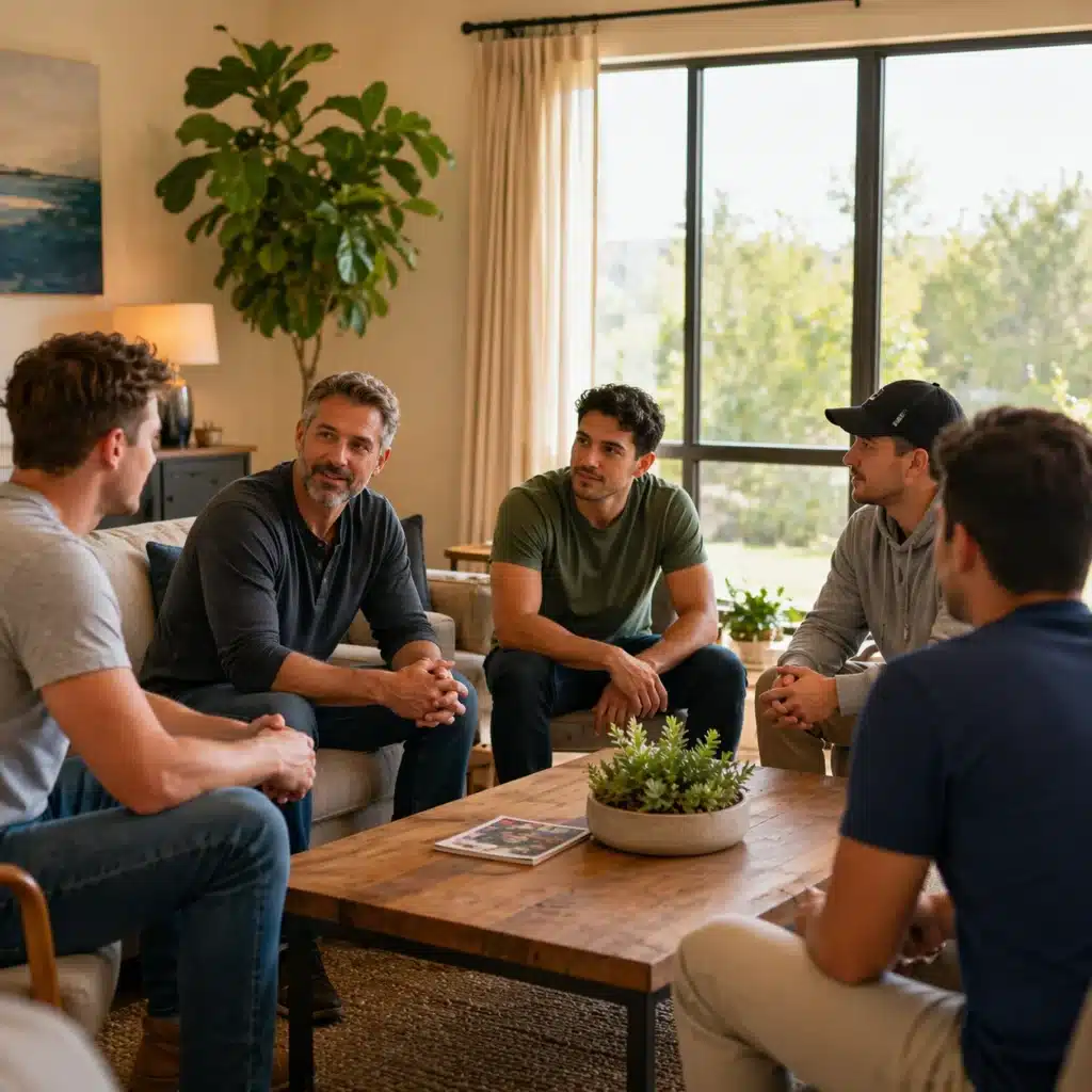 Men sitting in a supportive group discussion inside a sober living home in Austin after detox