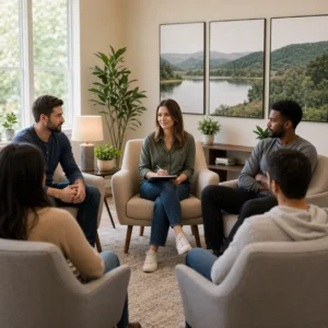 People participating in an insurance-covered IOP in Austin group therapy session in a calm sober living–style setting