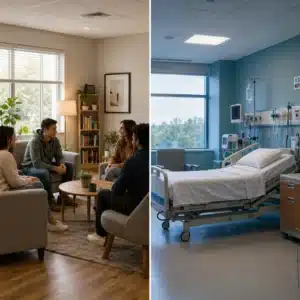 A realistic split image comparing sober living in Austin with inpatient rehab, showing a warm peer-support living room beside a clinical hospital-style rehab room.