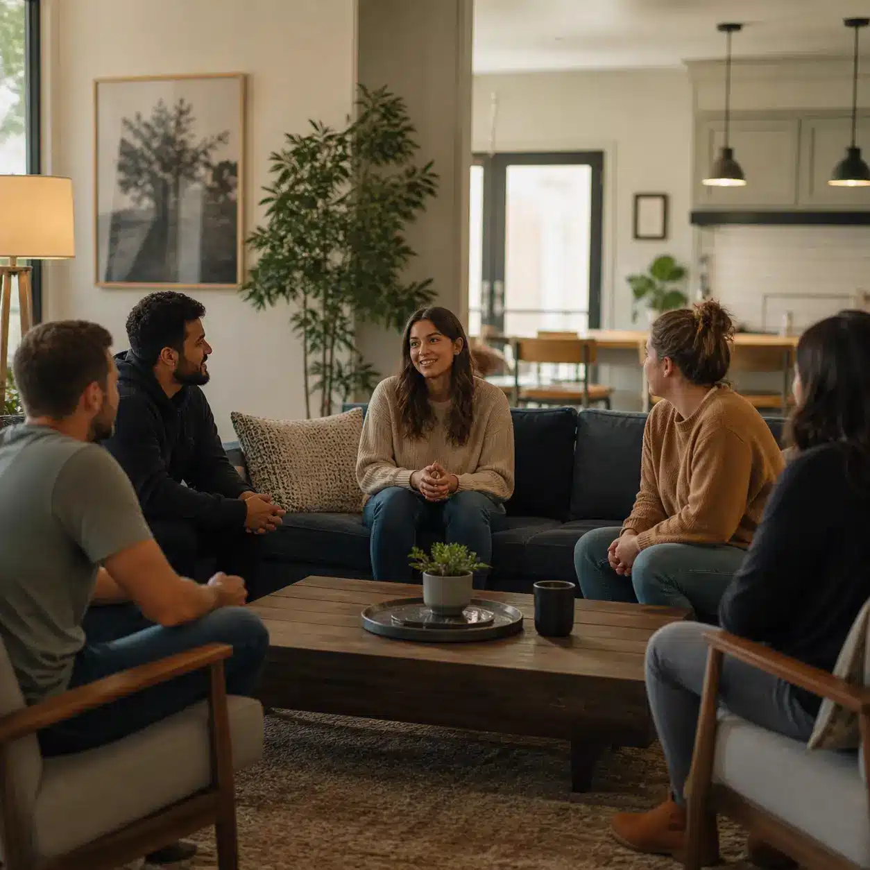 A group of adults sitting together in a modern sober living home in Austin, discussing recovery support and sober living costs.
