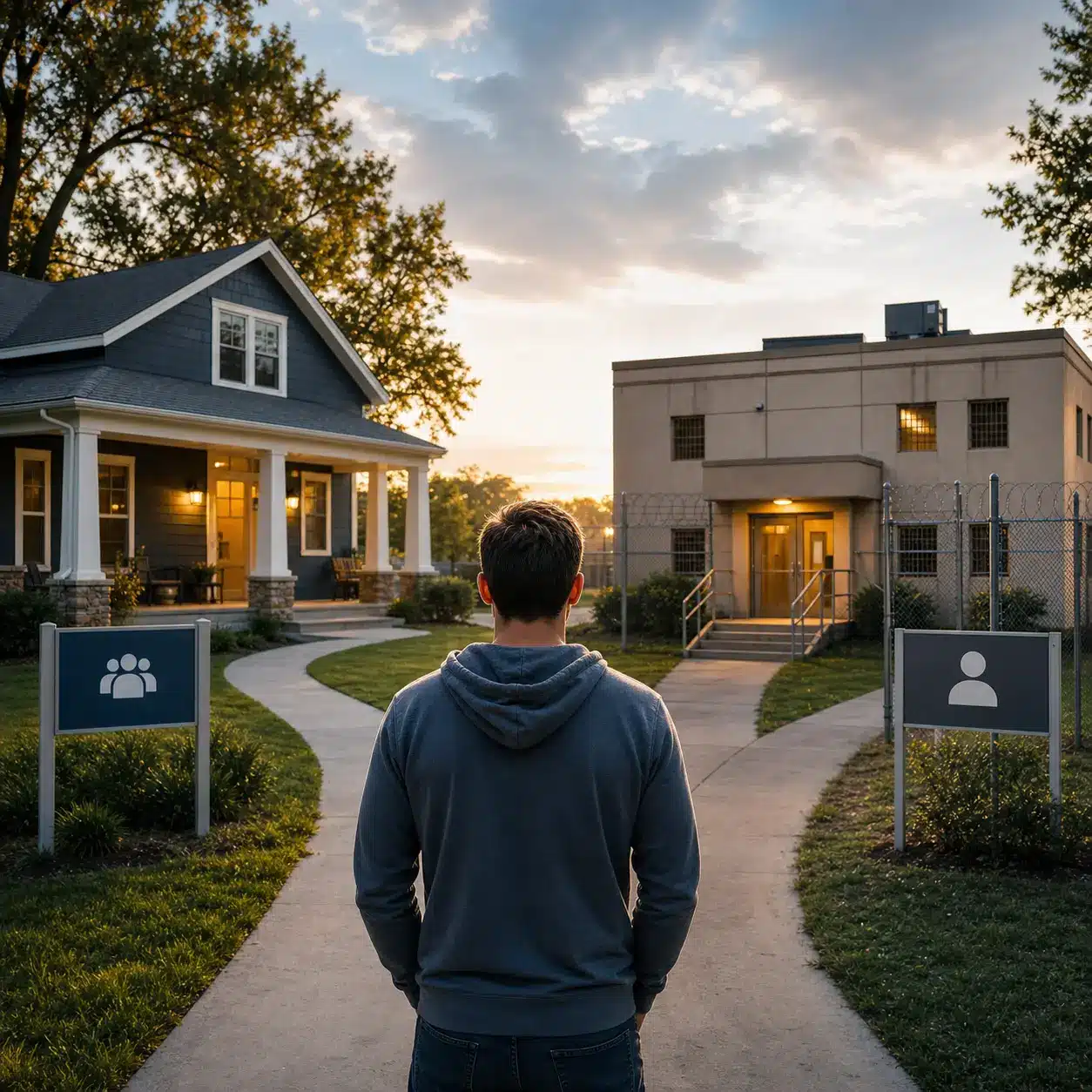 Man standing at a crossroads between a sober living home and a halfway house in Austin, representing the choice between recovery housing options.
